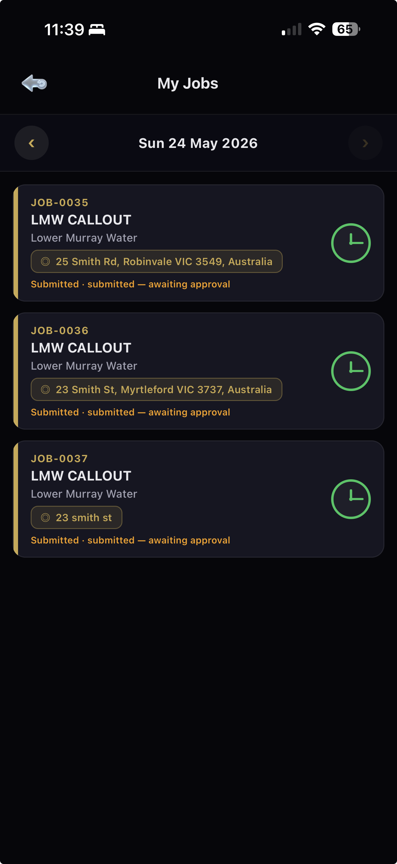 AXITRAQ App — My Jobs schedule showing assigned jobs and submission status